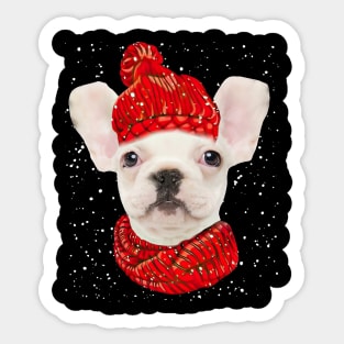 White French Bulldog Wearing Red Hat And Scarf Christmas Sticker